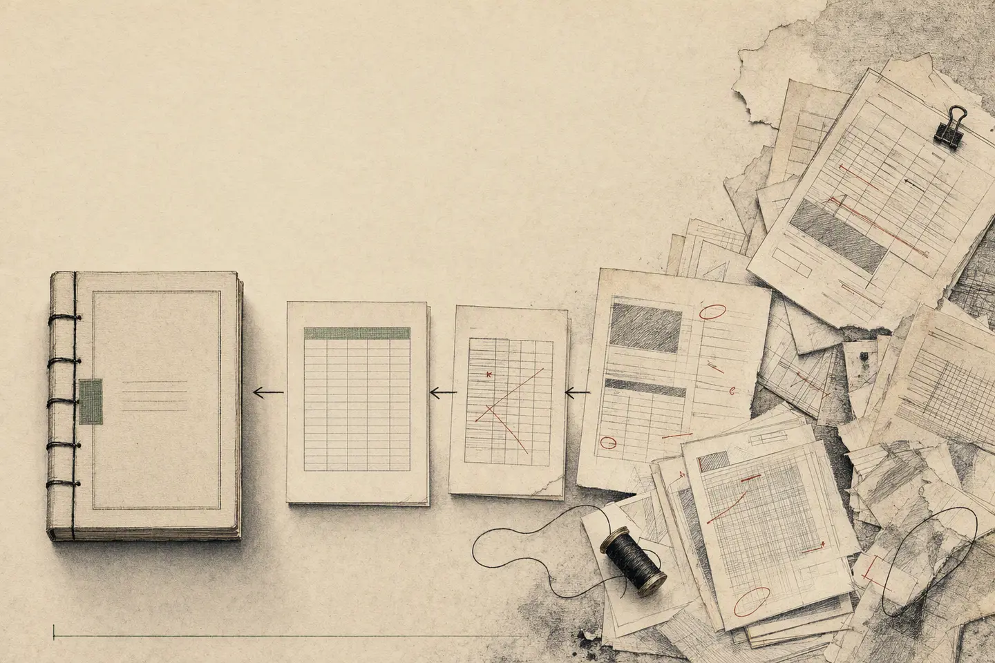 An editorial drawing of scattered document revisions resolving into a neatly bound archive